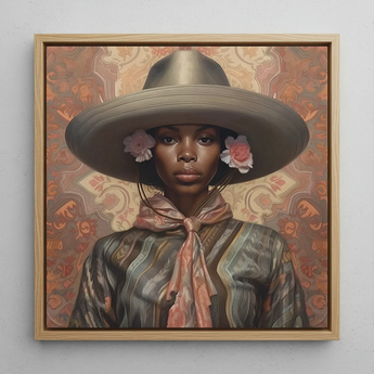 Sadie - Lesbian Black Cowgirl Art Print / Canvas Framed Portrait Woman Wide-brimmed Gray Hat Adorned Pink Elegant Outlaw Reminding, Cowgirl