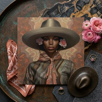 Sadie - Lesbian Black Cowgirl Art Print / Canvas Square Woman Olive-green Wide-brimmed Hat Adorned Elegant Outlaw Reminding, Spirit’s