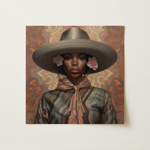Sadie - Lesbian Black Cowgirl Art Print / Canvas Square Canvas Painting Woman Wide-brimmed Olive-green Hat Adorned Elegant Outlaw