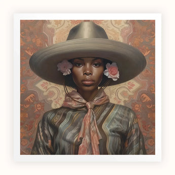 Sadie - Lesbian Black Cowgirl Art Print / Canvas Wide-brimmed Olive-green Hat Adorned Two Pink White Flowers Elegant Outlaw Reminding,