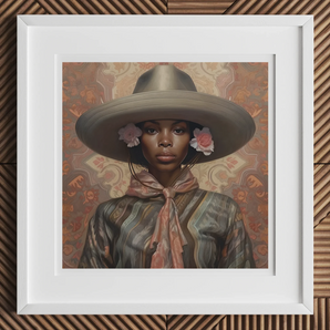 Sadie - Lesbian Black Cowgirl Art Print, Framed Portrait Painting Wide-brimmed Gray Hat Pink Floral