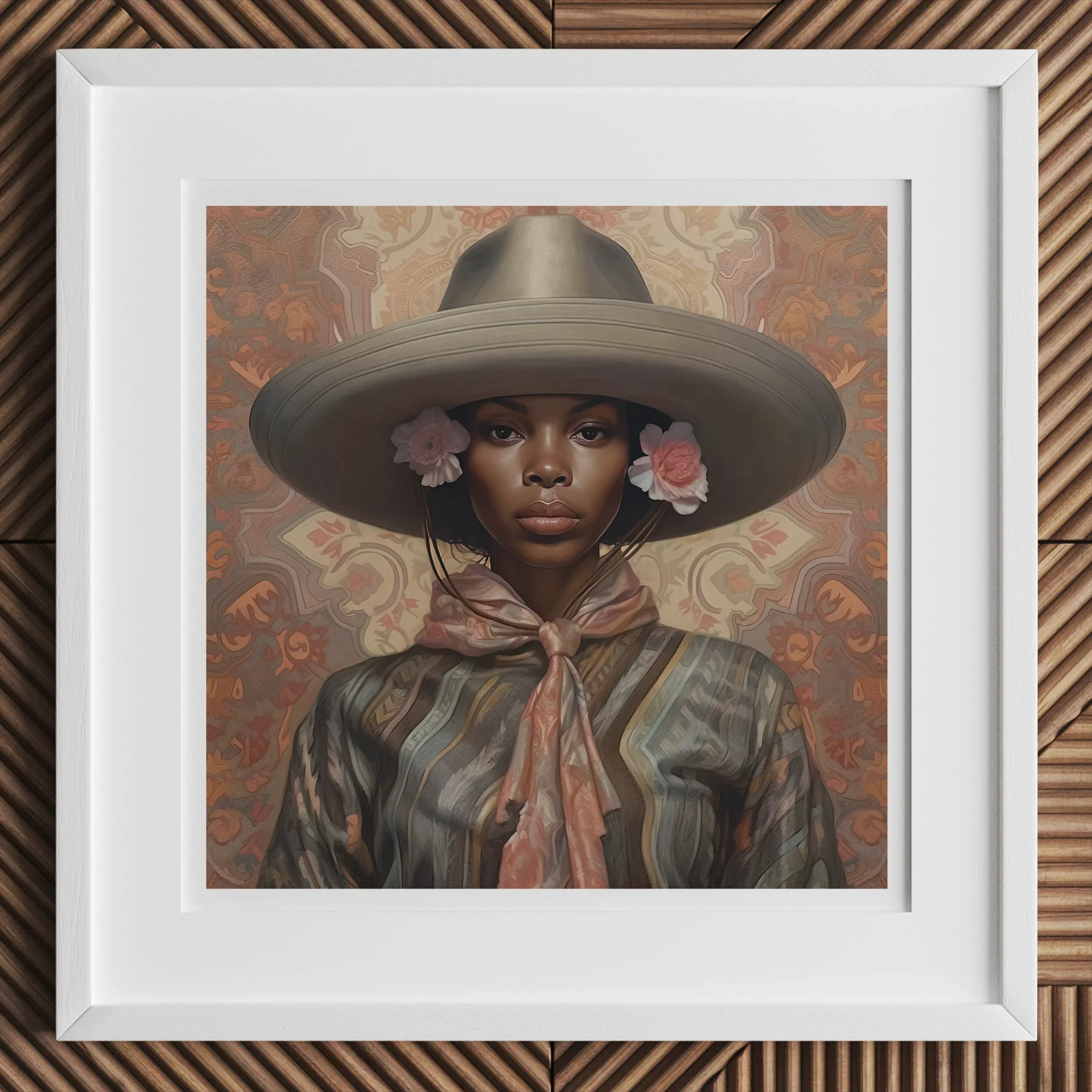Sadie - Lesbian Black Cowgirl Art Print, Framed Portrait Painting Wide-brimmed Gray Hat Pink Floral