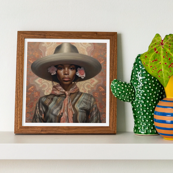 Sadie - Lesbian Black Cowgirl Art Print, Framed Portrait Wide-brimmed Hat Pink Flowers Warm-toned Background