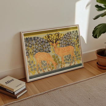 Sagittaire - Maurice Pillard Verneuil Deer Art Print, Framed Artwork Two Deer Among Yellow Flowers Gray