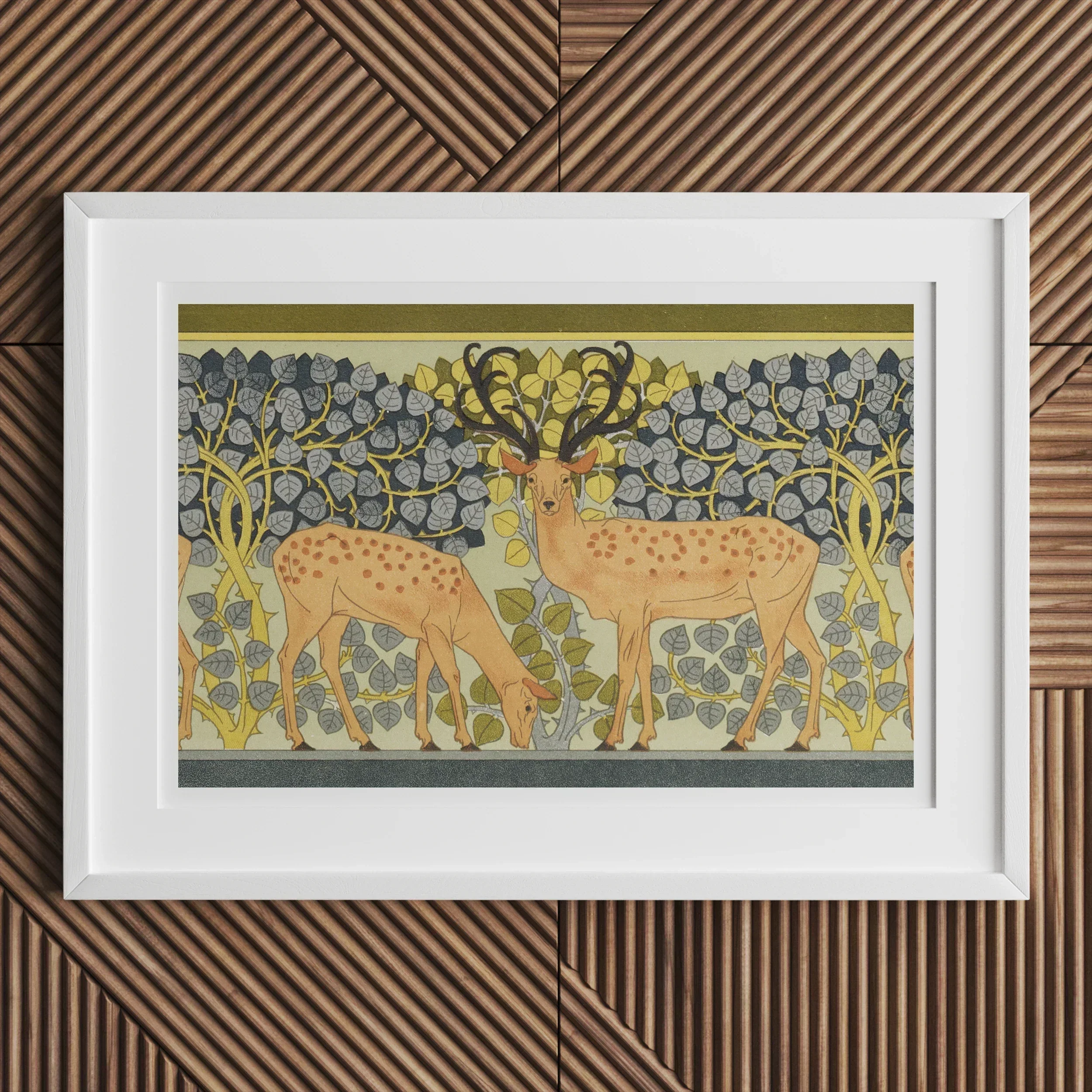 Sagittaire Maurice Pillard Verneuil Deer Art Print, Framed Artwork Two Stylized Deer Among Floral Patterns