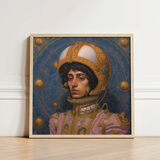 Framed Portrait Man Ornate Gold-accented Armor Helmet Curly Gay Muslim Astronaut, Aesthetic, Gayest