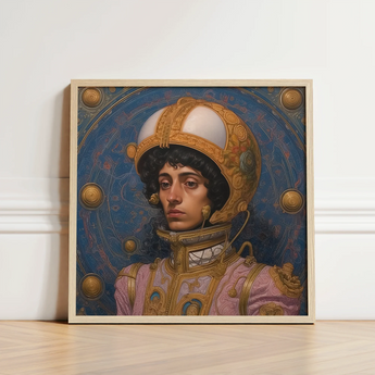 Framed Portrait Man Ornate Gold-accented Armor Helmet Curly Gay Muslim Astronaut, Aesthetic, Gayest