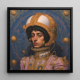 Samir - Gay Muslim Astronaut Framed Canvas, 12x12’’ / 31x31cm / Black Floating Frame, Portrait Person Ornate Golden Helmet Pink Clothing