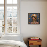 Samir - Gay Muslim Astronaut Framed Canvas, Framed Portrait Painting Person Golden Hat Blue Background