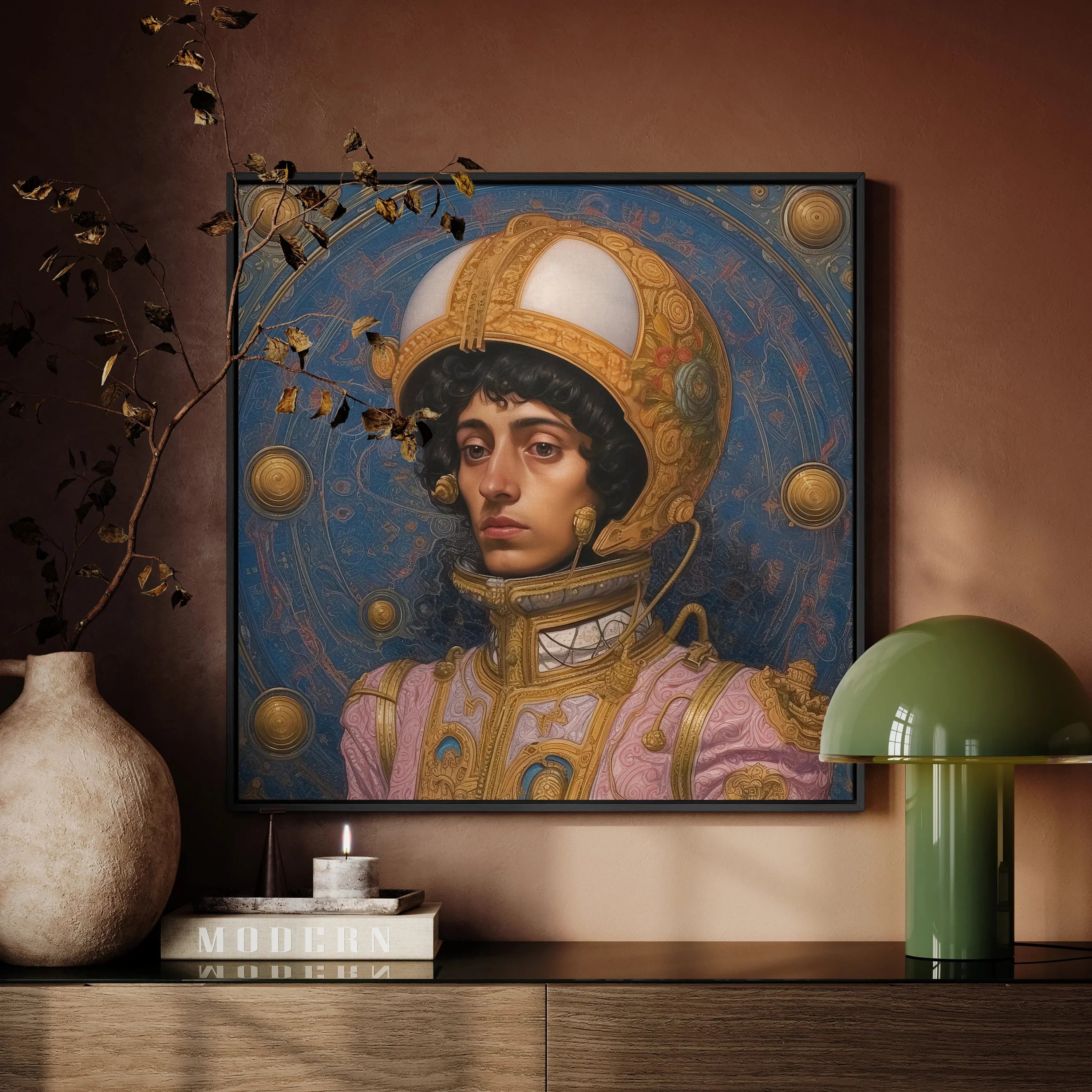 Samir Gay Muslim Astronaut Framed Canvas, Portrait Painting Person Ornate Golden Helmet Pink Clothing