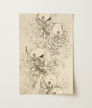 Vintage-style Black-and-white Ink Aged Paper Four Dynamic Figures Katsushika Hokusai, Carved, Motion, Edo-period Woodblock Print, Samurais