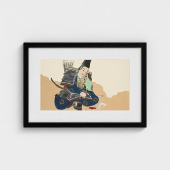 Samurai Scribe - Kamisaka Sekka Art Print / Canvas Black-framed Artwork Stylized Illustration Blue Gold Armor, Ink-dipped Brush Poised,