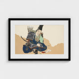 Samurai Scribe - Kamisaka Sekka Art Print / Canvas Framed Artwork Traditional Japanese Ornate Blue Gold, Ink-dipped Brush Poised, Prints