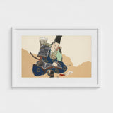 Samurai Scribe - Kamisaka Sekka Art Print / Canvas Framed Illustration Traditional Blue Gold Armor Seated, Ink-dipped Brush Poised, Prints
