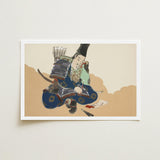 Samurai Scribe - Kamisaka Sekka Art Print / Canvas Framed Traditional Japanese Ornate Blue Gold, Ink-dipped Brush Poised, Prints