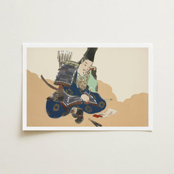 Samurai Scribe - Kamisaka Sekka Art Print / Canvas Framed Traditional Japanese Ornate Blue Gold, Ink-dipped Brush Poised, Prints