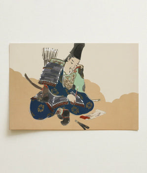 Rectangular Canvas Print Stylized Illustration Samurai Traditional Blue Kamisaka Sekka Art, Ink-dipped Brush Poised, Scribe