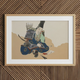 Samurai Scribe - Kamisaka Sekka Art Print / Canvas Wooden Framed Blue Green Armor, Ink-dipped Brush Poised, Prints