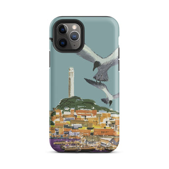 San Francisco Travel Poster Phone Case Iphone 11 Pro / Matte Teal-colored Stylized Illustration Seagulls Flight Coastal Telegraph Hill