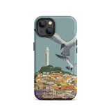 San Francisco Travel Poster Phone Case Iphone 13 / Matte Teal-colored Stylized Illustration Seagulls Flight Coastal Telegraph Hill Rises,