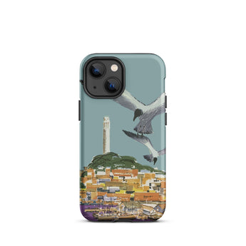 San Francisco Travel Poster Phone Case Iphone 13 Mini / Matte Teal-colored Stylized Illustration Seagulls Flight Coastal Telegraph Hill