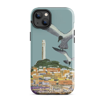 San Francisco Travel Poster Phone Case Iphone 14 Plus / Gloss Teal Stylized Illustration Seagulls Flight Cityscape Telegraph Hill Rises,