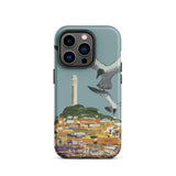 San Francisco Travel Poster Phone Case Iphone 14 Pro / Matte Teal-colored Stylized Illustration Seagulls Flight Cityscape Telegraph Hill