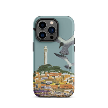 San Francisco Travel Poster Phone Case Iphone 14 Pro / Matte Teal-colored Stylized Illustration Seagulls Flight Cityscape Telegraph Hill