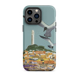 San Francisco Travel Poster Phone Case Iphone 14 Pro Max / Matte Teal Stylized Illustration Seagulls Flight Coastal Telegraph Hill Rises,