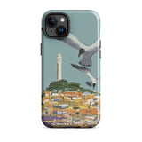 San Francisco Travel Poster Phone Case Iphone 15 Plus / Gloss Teal-colored Stylized Illustration Seagulls Flight Coastal Telegraph Hill