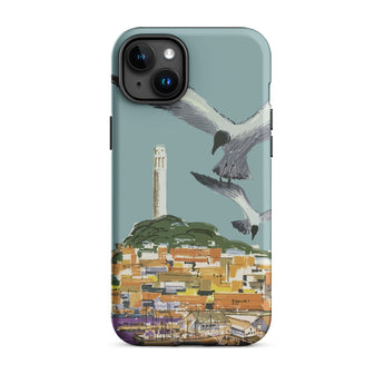 San Francisco Travel Poster Phone Case Iphone 15 Plus / Matte Teal 13 Stylized Illustration Seagulls Flight Telegraph Hill Rises,