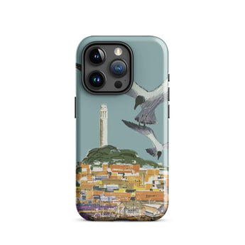 San Francisco Travel Poster Phone Case Iphone 15 Pro / Gloss Teal-colored Stylized Illustration Seagulls Flight Coastal Telegraph Hill
