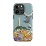 San Francisco Travel Poster Phone Case Iphone 15 Pro Max / Matte Teal Stylized Illustration Seagulls Flight Coastal Telegraph Hill Rises,
