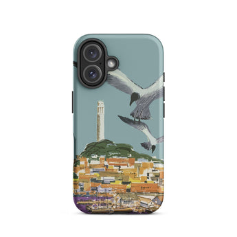 San Francisco Travel Poster Phone Case Iphone 16 / Matte Teal-colored Stylized Illustration Seagulls Flight Coastal Telegraph Hill Rises,