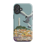San Francisco Travel Poster Phone Case Iphone 16 Plus / Gloss Teal Stylized Illustration Seagulls Flight Coastal Telegraph Hill Rises,