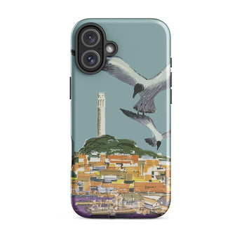 San Francisco Travel Poster Phone Case Iphone 16 Plus / Gloss Teal Stylized Illustration Seagulls Flight Coastal Telegraph Hill Rises,