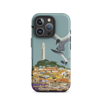 San Francisco Travel Poster Phone Case Iphone 16 Pro / Matte Teal Stylized Illustration Seagulls Flight Coastal Telegraph Hill Rises,