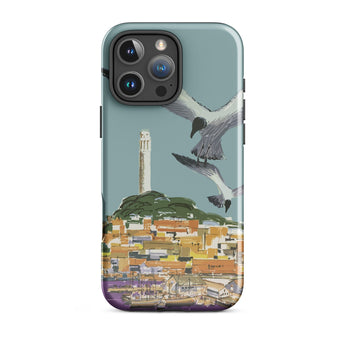 San Francisco Travel Poster Phone Case Iphone 16 Pro Max / Gloss Teal Stylized Illustration Seagulls Flight Coastal Telegraph Hill Rises,