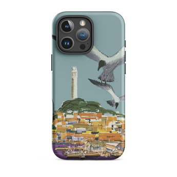 San Francisco Travel Poster Phone Case Iphone 16 Pro Max / Matte Teal Stylized Illustration Seagulls Flight Coastal Telegraph Hill Rises,