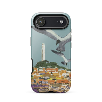 San Francisco Travel Poster Phone Case Iphone 17 Air / Gloss Teal Stylized Illustration Seagulls Flight Coastal Telegraph Hill Rises,