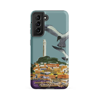 San Francisco Travel Poster Phone Case Samsung Galaxy S21 Fe / Matte Teal Stylized Illustration Seagulls Flight Coastal Telegraph Hill