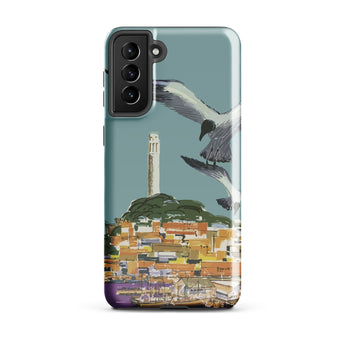 San Francisco Travel Poster Phone Case Samsung Galaxy S21 Plus / Gloss Teal Purple Illustrated Stylized Coastal Scene Telegraph Hill Rises,