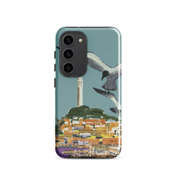 San Francisco Travel Poster Phone Case Samsung Galaxy S23 / Gloss Teal Stylized Illustration Seagulls Flight Coastal Telegraph Hill Rises,
