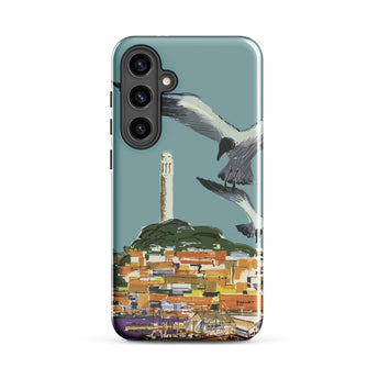 San Francisco Travel Poster Phone Case Samsung Galaxy S24 Plus / Gloss Teal Stylized Illustration Seagulls Flight Coastal Telegraph Hill