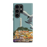 San Francisco Travel Poster Phone Case Samsung Galaxy S24 Ultra / Matte Teal-colored Stylized Illustration Seagulls Flight Coastal