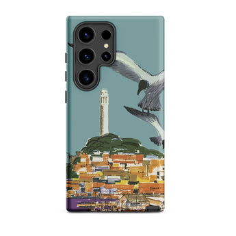 San Francisco Travel Poster Phone Case Samsung Galaxy S24 Ultra / Matte Teal-colored Stylized Illustration Seagulls Flight Coastal