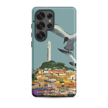 San Francisco Travel Poster Phone Case Samsung Galaxy S25 Ultra / Matte Teal-colored Stylized Illustration Seagulls Flight Coastal