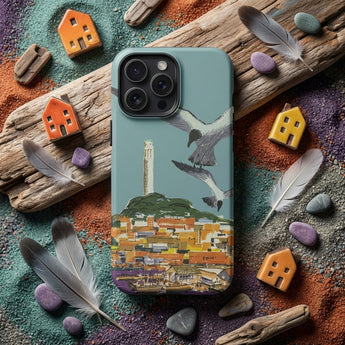 San Francisco Travel Poster Phone Case Teal Stylized Illustration Seagulls Flight Coastal Telegraph Hill Rises, Forest-shadow Beneath Coit,