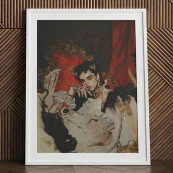 Santino Queer Vampire King portrait art print in white frame.