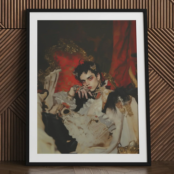 Santino - Queer Vampire King Art Print / Canvas Black-framed Art Print Portrait Ornately Dressed Figure White Queer Vampire King, King Art,